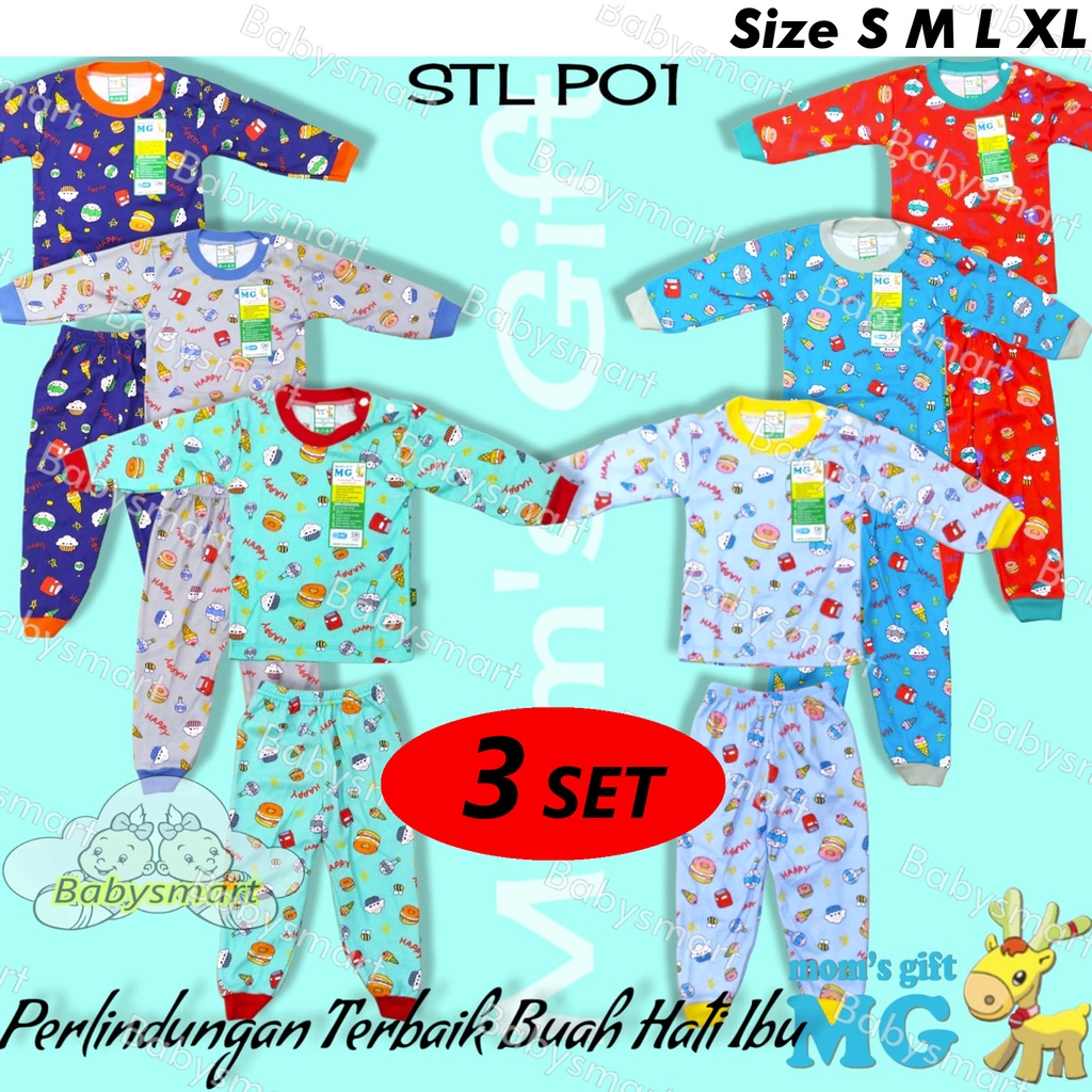 Babysmart - 3 SET Setelan PANJANG Anak/Bayi FULL PRINT Motif CAKE STL-P01 MOM'S GIFT SNI Bahan 100% Katun DK PREMIUM Size S - XL