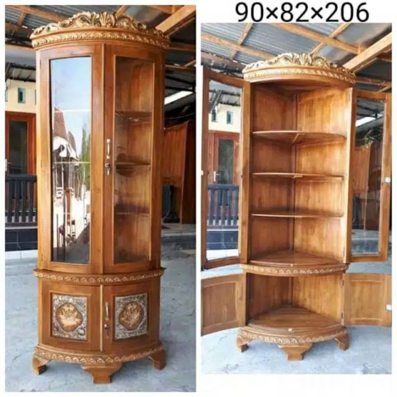 Lemari Sudut Jati Lemari Kaca Hias Ukir Jati Almari Hias Sudut Jati Furniture Mebel Jatiberkah87