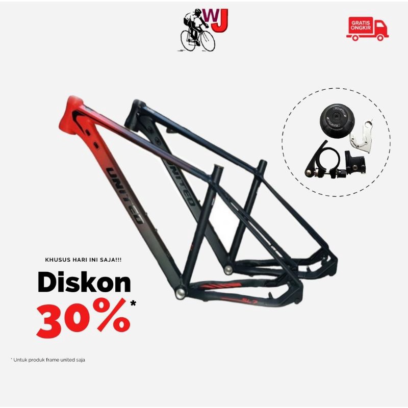 FRAME MTB 27.5" UNITED SL7 SIZE M RANGKA TRIPLE BUTTED BLACK DOFF RED