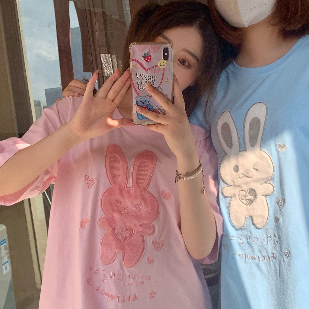 [littlecrab] Kaos Oversize Bunny Bulu With Korean Letter Writing Tshirt Kelinci Lembut Berkualitas T-shirt Bunny Love Soft Color Putih Pink Biru Kaos Unik Cute Tshirt With Soft Fur Kaos Couple Unisex Korean Style