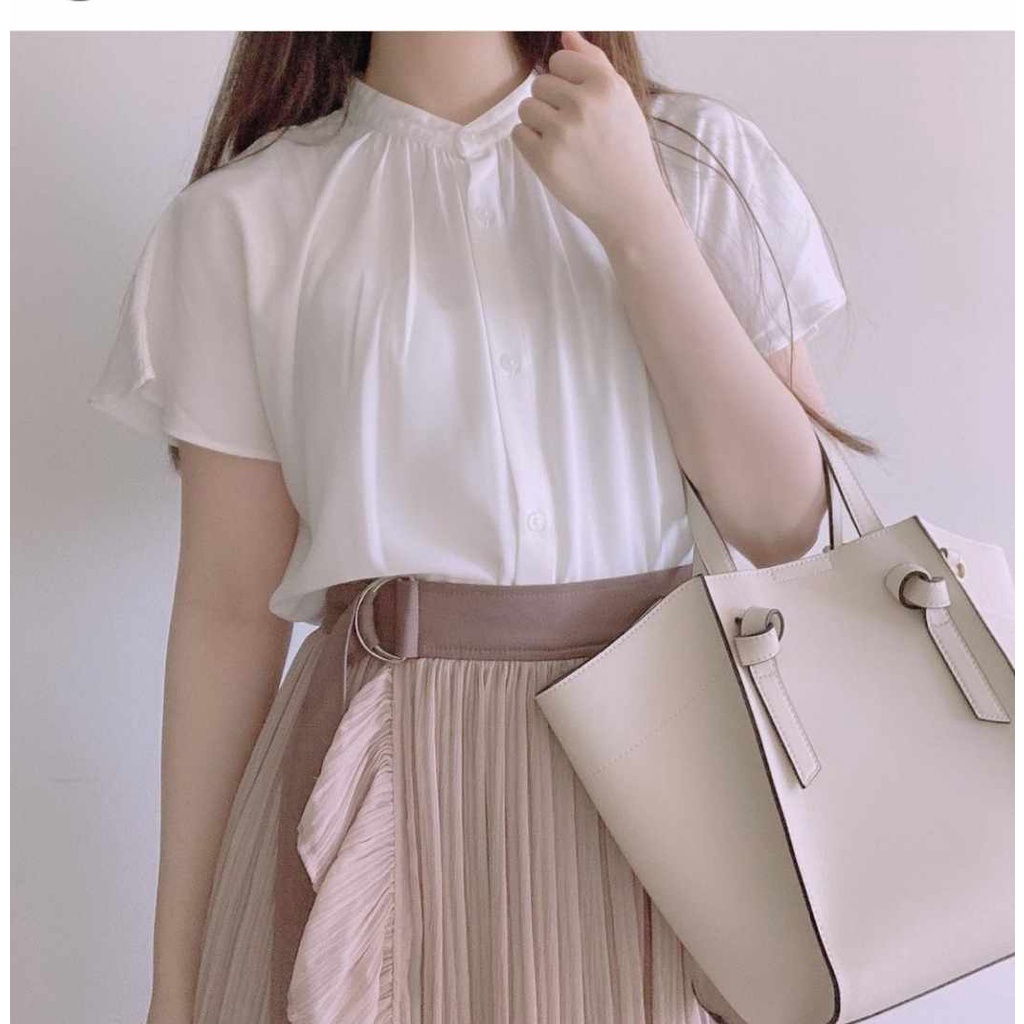 BLOUSE WANITA GU Airy band collar  TANGAN PENDEK-7