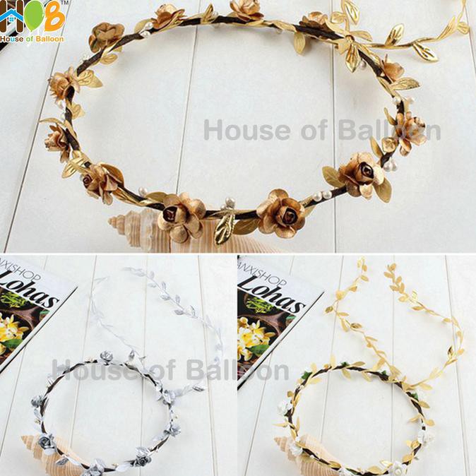 Best Seller] Mahkota Bunga / Flower Crown / Mahkota Bridal Shower Metalik - Emas