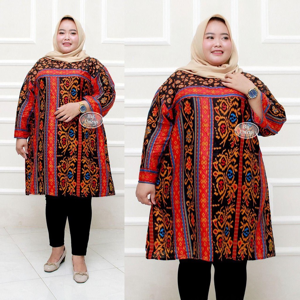 Tunik Batik Wanita Ukuran Jumbo LD 140cm Resleting Belakang Bahan Katun Adem Di Pakai Serap Keringat