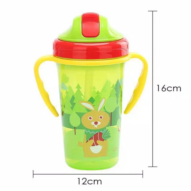 Botol minum anak dengan sedotan dan gagang handle 300ml