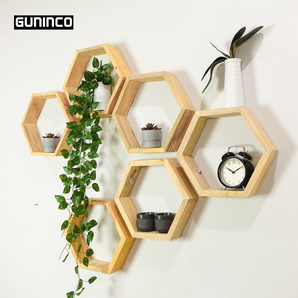 RANAM RAK SEGI ENAM HEXAGONAL Rak Dinding Segi Enam Kayu Minimalis Dekorasi Rumah Natural