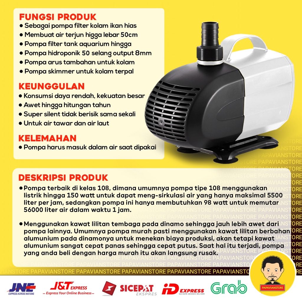 Pompa Air Mesin Filter Celup Sirkulasi Kolam Ikan Koi Low Watt Aquarium Tank Submersible Hidroponik Hydroponic Water Pump Waterfall Air Terjun Hias - 3500 4500 5000 LPH Liter Per Jam 4 Meter Ketinggian 4m P017