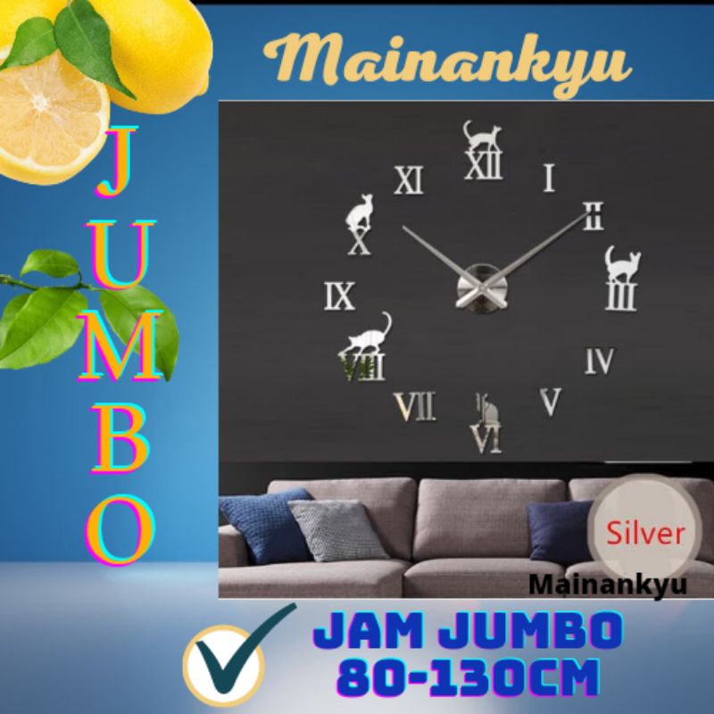 (MAINANKYU) Jam Dinding Besar DIY Giant Wall Clock Quartz Creative Design Model Kucing Lucu - Silver