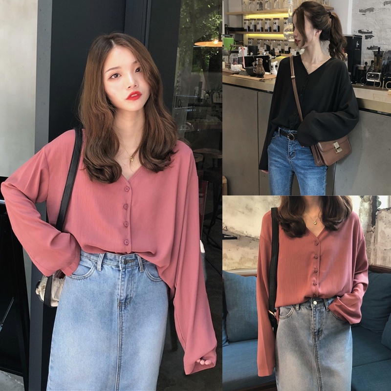 Fashion Korea Minimalis Warna Murni V-neck Chiffon Lengan Panjang Atasan Kemeja untuk Wanita