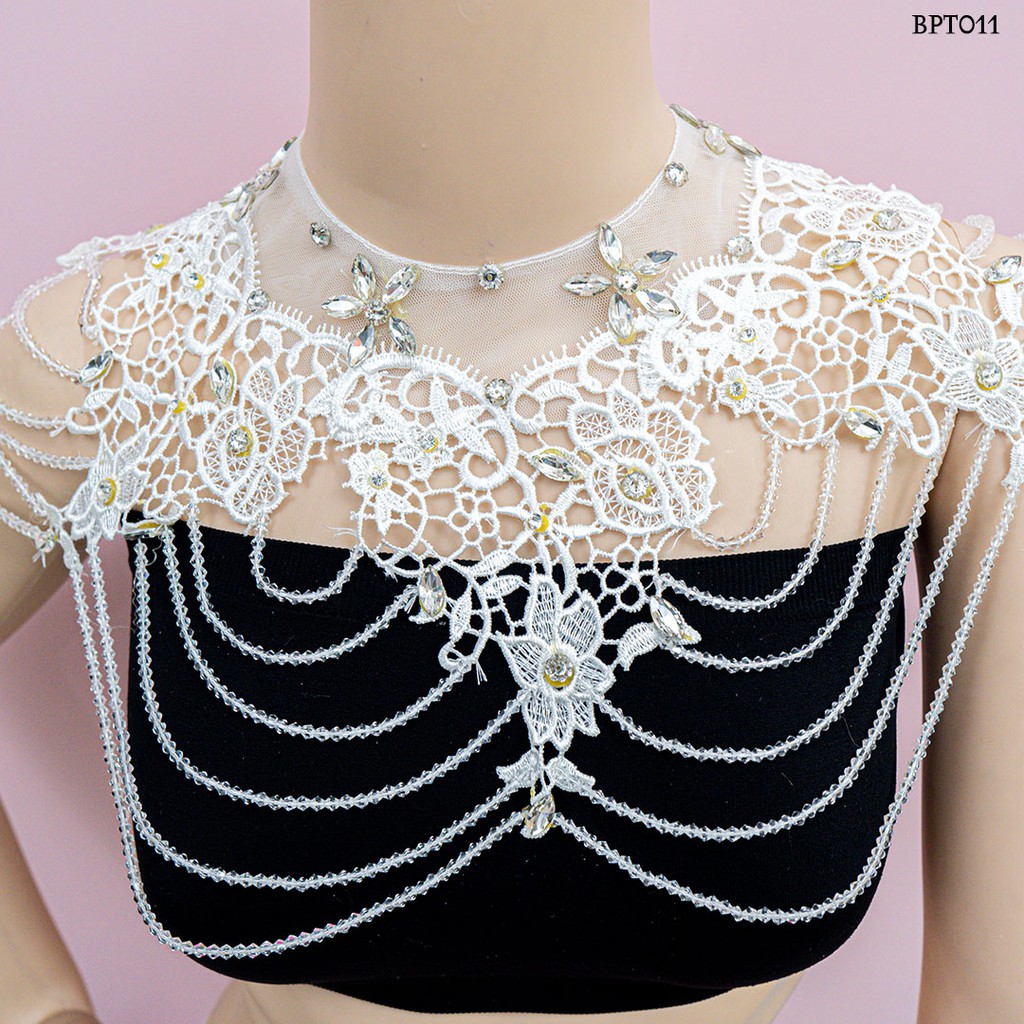 (FAVORITE) AKSESORIS BOLERO PENGANTIN WANITA MUTIARA CRYSTAL LACE PUTIH BPT011