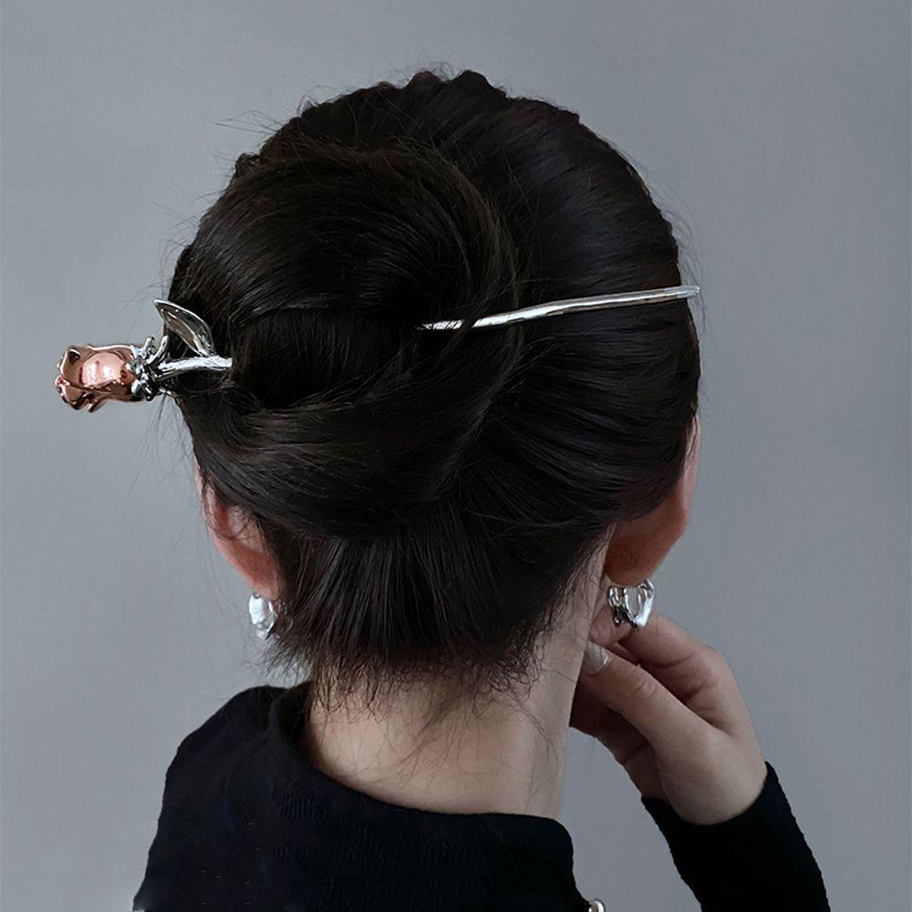 NEEDWAY Needway Wanita Jepit Rambut Perancis Kreatif Hadiah Bunga Kuno Retro Rose Hair Stick