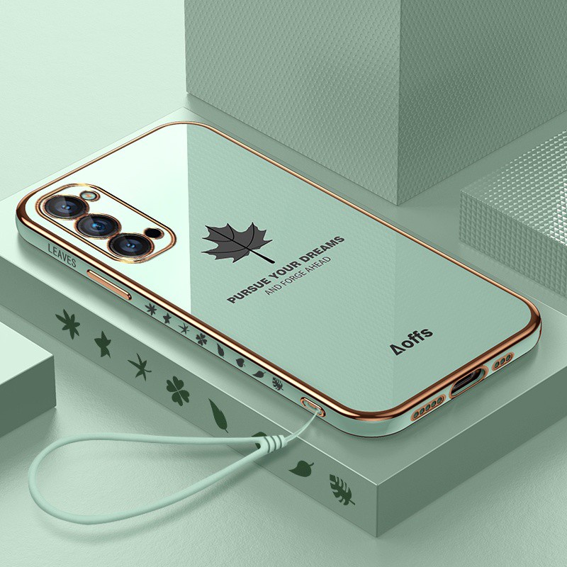 【Lanyard】Ultra-thin plating Case OPPO A16 A54 RENO4 REALME 8 PRO 7 5 C11 C17 C15 5i 6i C3 7i Luxury Maple Leaf Square Liquid Cover-green