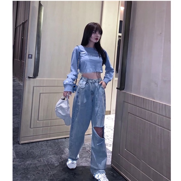 korean style new impor kualitas tinggi biru salju vintage pengait celana jeans panjang wanita sobek