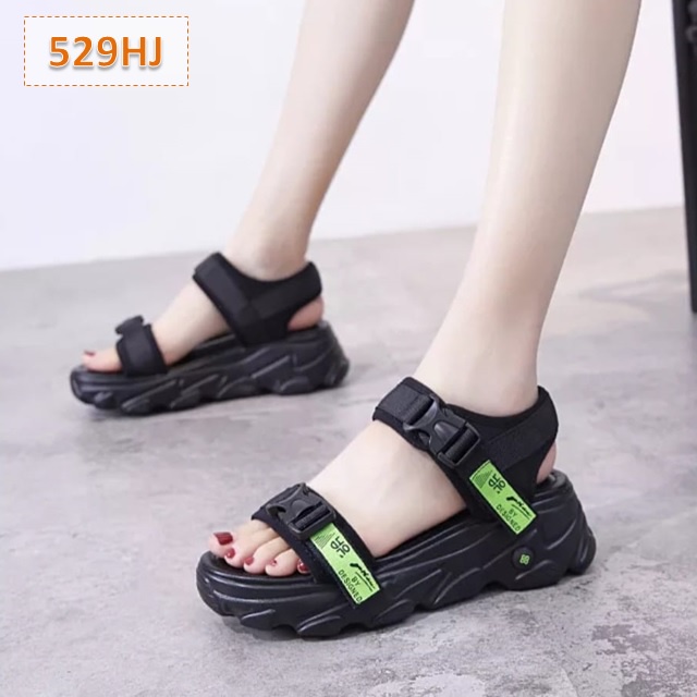 Sandal Gunung Tali Wanita OLJD Hitam Hijau Putih Tebal Sol 4 Cm (529