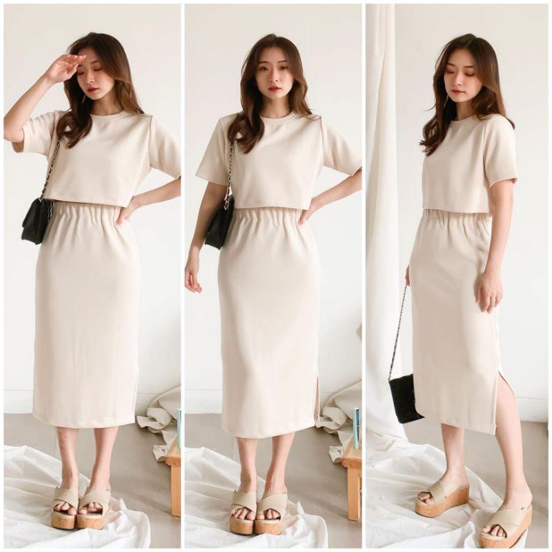 ❣️ SPECIAL PRICE ♡ PREMIUM ♡ ORIGINAL ! WILLA 2 IN 1 TEXTURED SET CROP BLOUSE WITH BODYCON SLIT MIDI SKIRT / SETELAN ATASAN PENDEK &amp; ROK SELUTUT