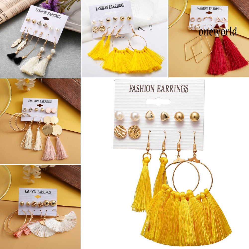 OW@ 6Pcs/Set Bohemia Women Tassel Hook Earrings Ear Stud Set Jewelry Accessories