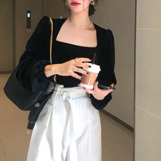 Versi korea fashion chic retro temperamen kerah persegi atasan kemeja beludru lengan panjang untuk wanita