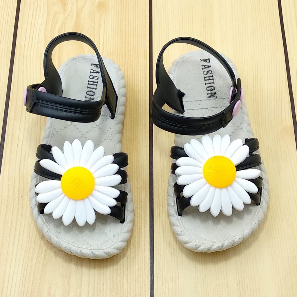 Sendal Anak Perempuan Usia 3 4 Tahun IMPORT HITAM - Sepatu Sandal Anak Cewek Elastis Motif Bunga Size 27 - 29 Karet Anti Licin