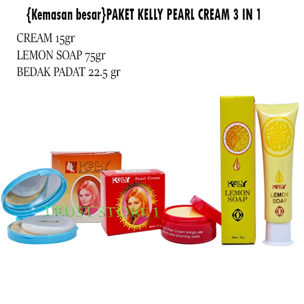 Paket Lengkap Kelly Pearl Cream 3 in 1 - Pearl Cream Kelly 5gr - Lemon Soap 15gr - Bedak Kelly Compa