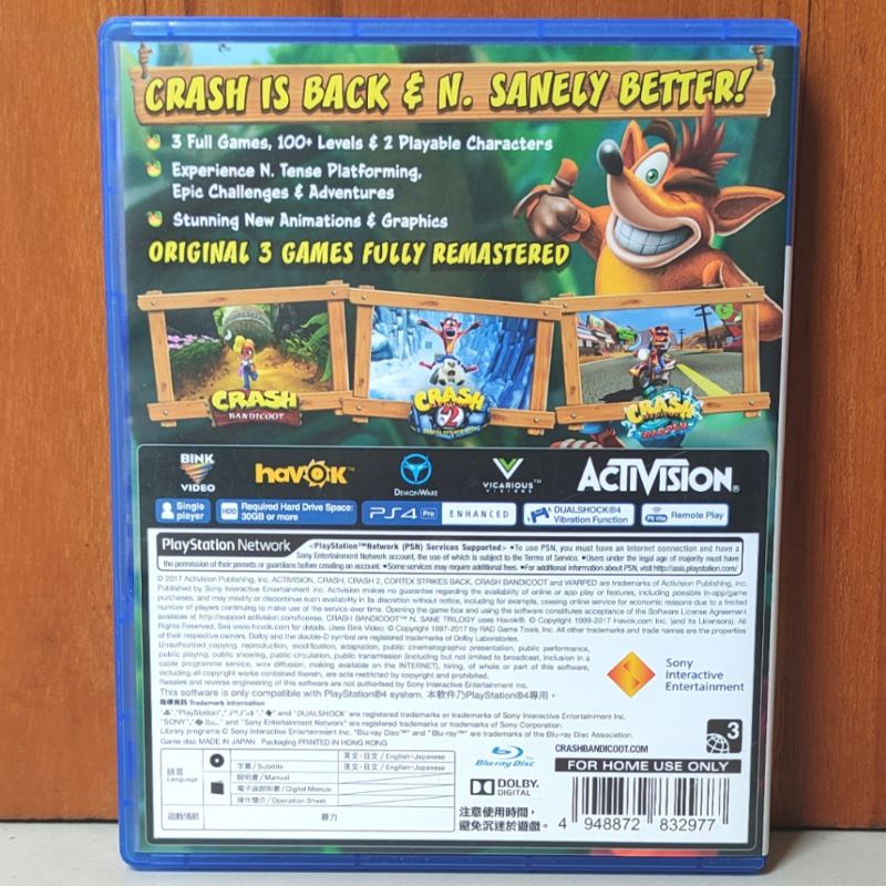 Kaset Crash Bandicoot PS4 Crash Bandicot N. Sane Trilogy Playstation PS 4 5 Cras Crashbandicoot N.Sane Trilogi cresh cres CTR nitro Games Ps4 Ps5  Region 3 Asia reg