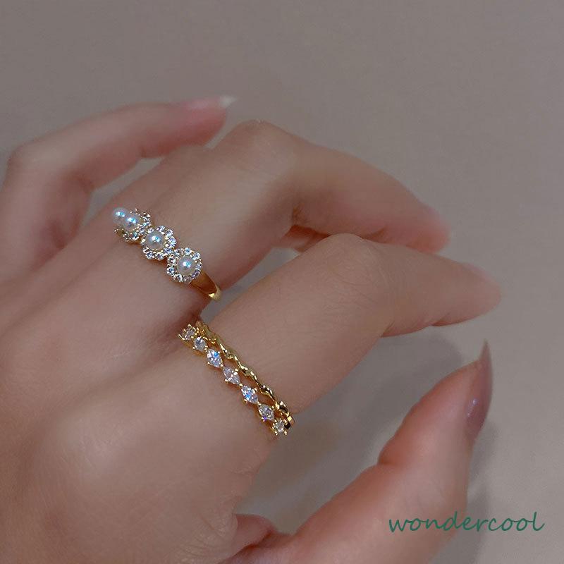 Double-layer Retro Pearl Diamond Ring Niche Light Desain Mewah Cincin Dapat Disesuaikan Terbuka-Won