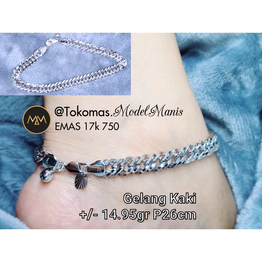 Gelang kaki sisik naga besar padat emas putih 750 kadar 17k