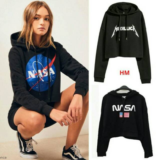 H&M CROP HOODIE NASA METALICA - BLACK | Shopee Indonesia