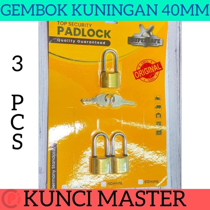 SUPERSAFE 3 Pcs Gembok Kuningan Pagar Kunci Master Key Comp 40mm S