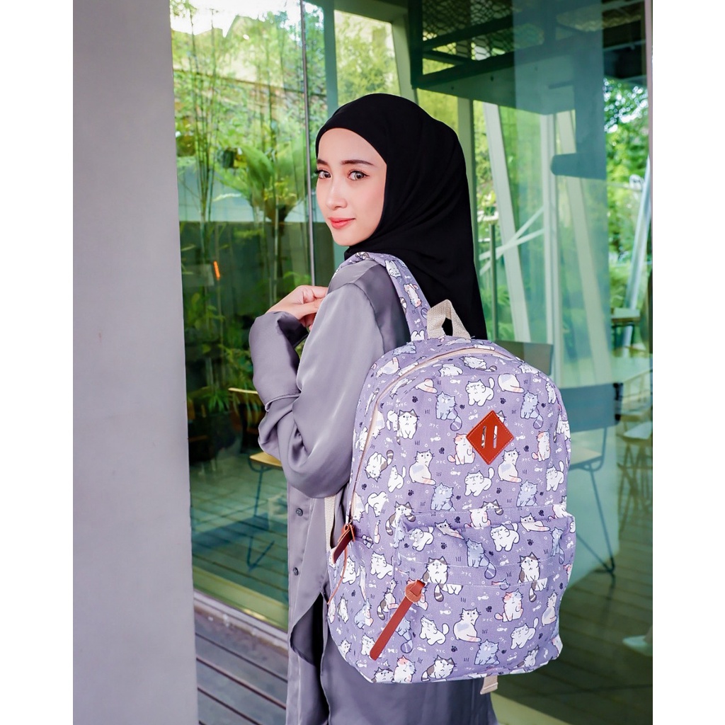 BACKPACK KUCING UNGU // taskanvasbdg - tas kanvas - tas ransel wanita - tas wanita - tas lucu - tas cewek