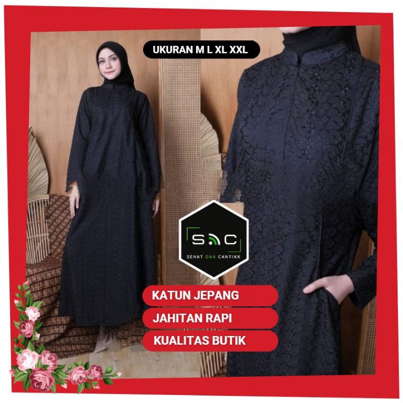 Gamis Warna Hitam Putih Umroh Katun Paris Motif Bordir Cantik Resleting Depan Busui Ada Puring M-5L
