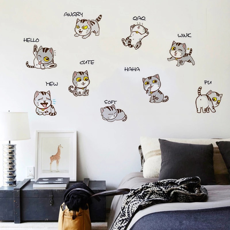 Stiker Dinding Bahan PVC Tahan Air Gambar Kartun Kucing Ukuran 60x30cm Untuk Dekorasi Kamar Anak