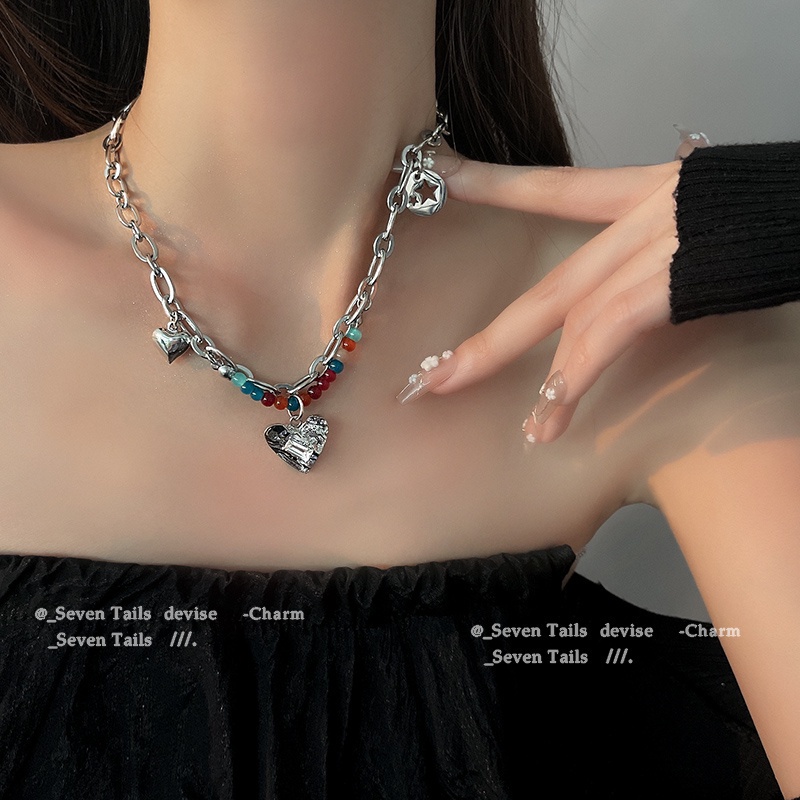 AY(CN) Y2k Kalung Choker Rantai Silver Dengan Liontin Hati Hias Manikmanik Warnawarni Untuk Wanita