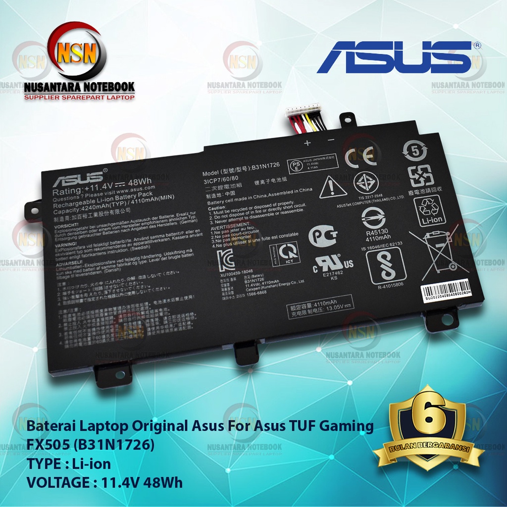 Baterai Laptop Original For Asus TUF Gaming FX505 B31N1726 11.4V 48Wh