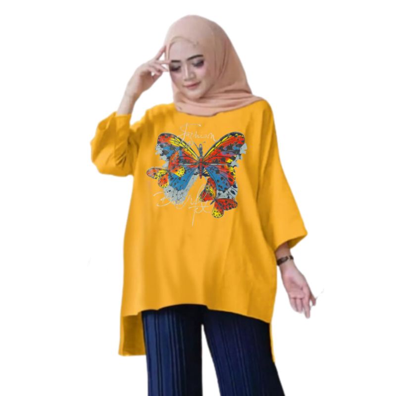 Tunik Wanita Oversize XXL LD 130 Cm Tangan 3/4 Bahan Kaos Babyterry . Baju Wanita Jumbo Atasan Tunik Dewasa Big Size Terbaru 2023 Kekinian Viral Murah butterfly