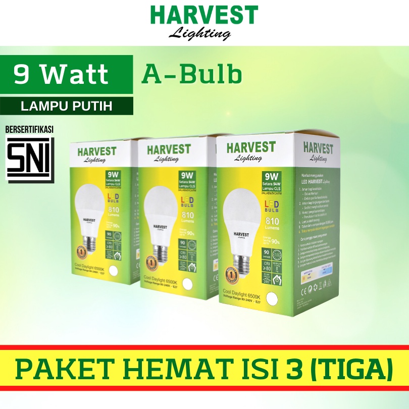 9W - Paket Isi 3 - HARVEST LIGHTING Lampu Bohlam LED A Bulb  9 Watt Lampu Hemat Energi Original Bersertifikasi SNI dan Bergaransi