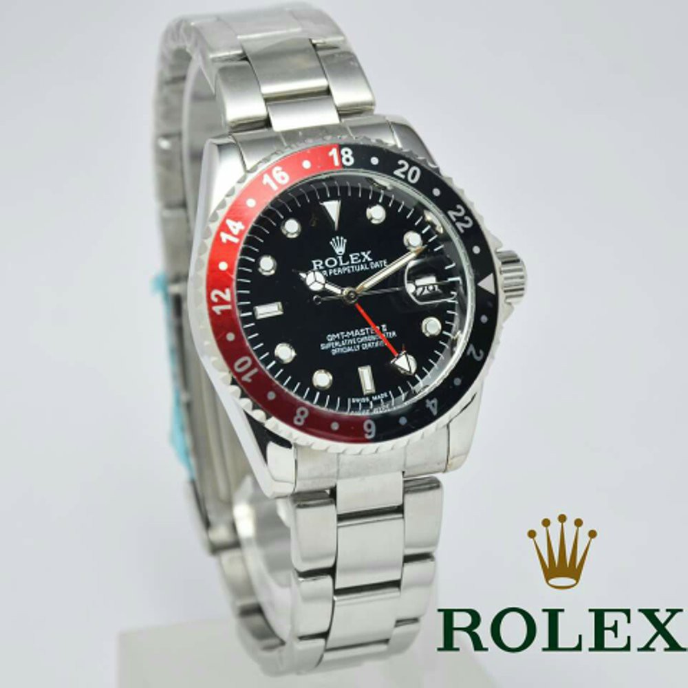 Jam Pria Automatic Rolex Matic GMT  Perpetual Date - Rantai Silver | Bezel Red-Black [hargajam har