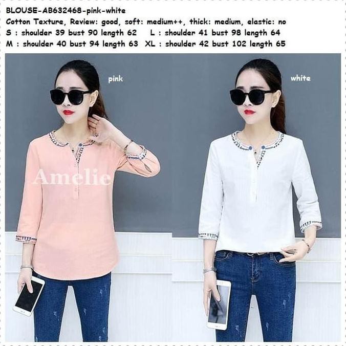 BAJU ATASAN BLOUSE BORDIR WANITA KOREA IMPORT AB632468 PINK PUTIH {PRODUK TERBARU}