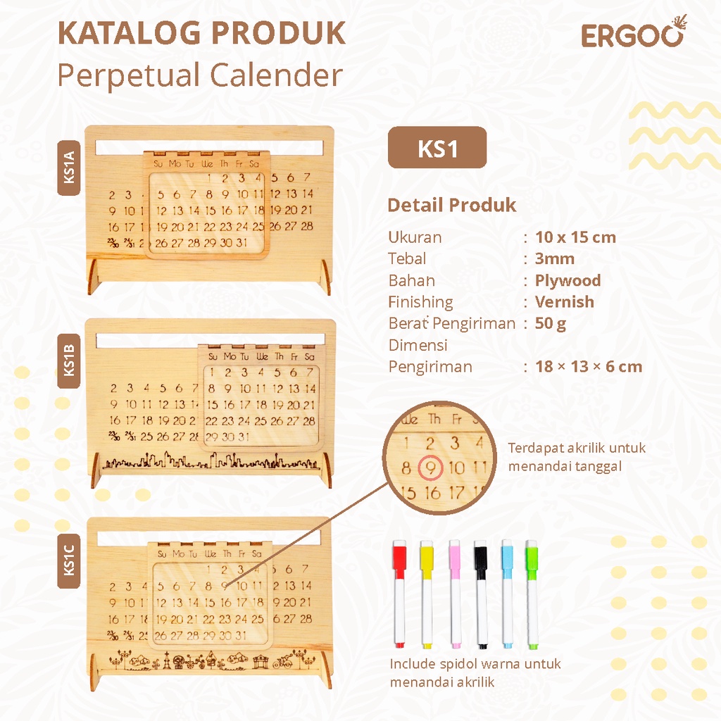 ERGOO Kalender Kayu Sepanjang Masa - Free Spidol