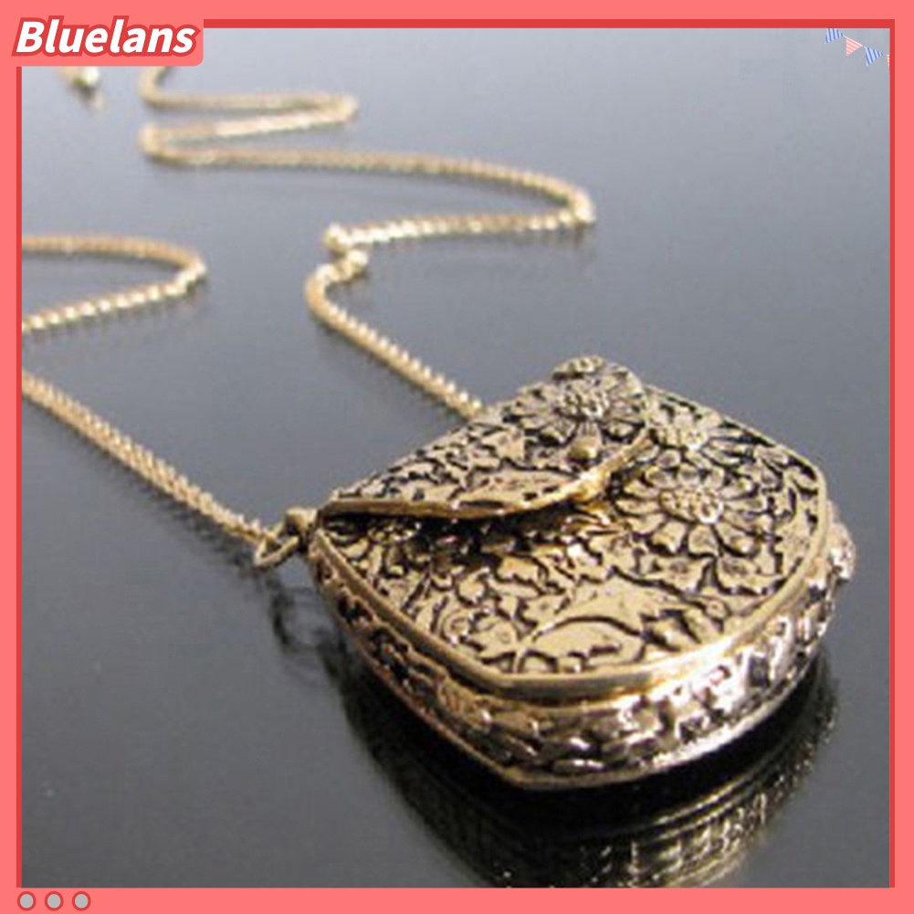 Bluelans Vintage Bag Shape Carved Bronze Locket Pendant Long Chain Sweater Necklace