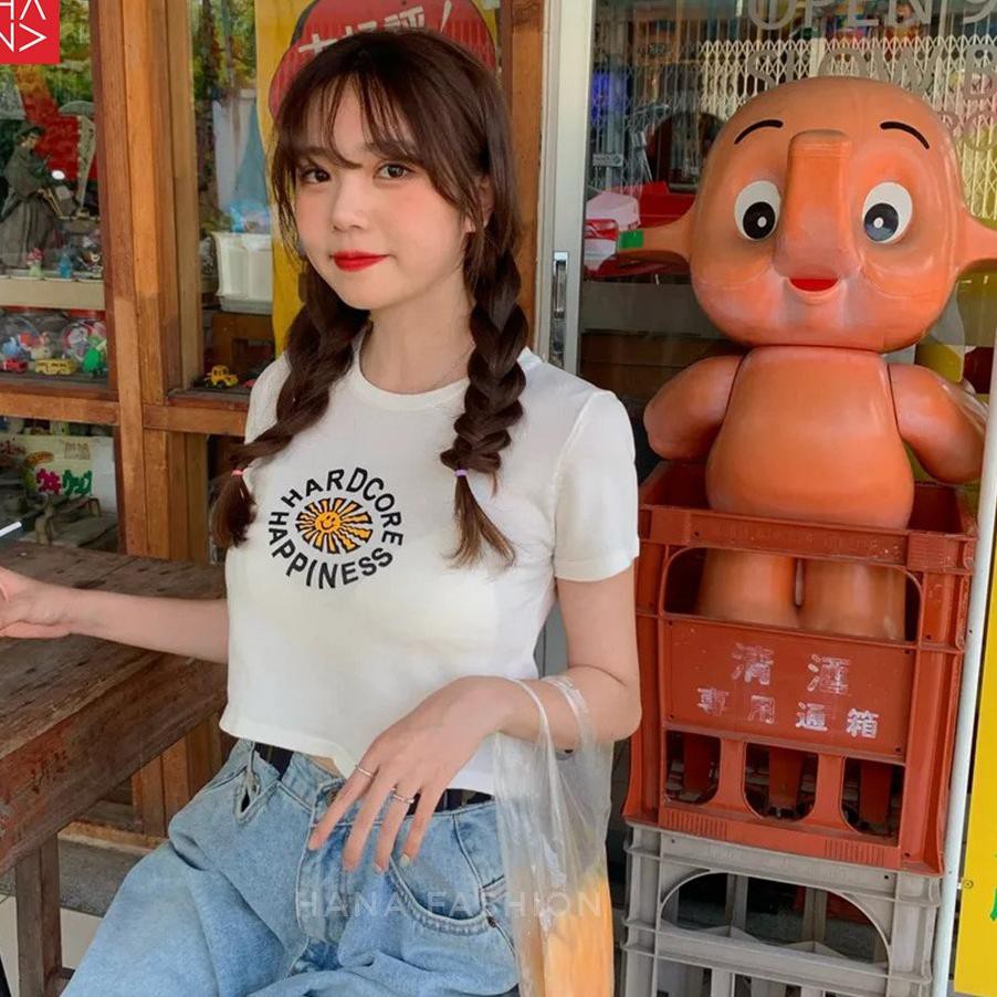 『BT』 HanaFashion - Hardcore Happiness Crop Top Kaos Crop Tee Lengan Pendek Wanita - CT047