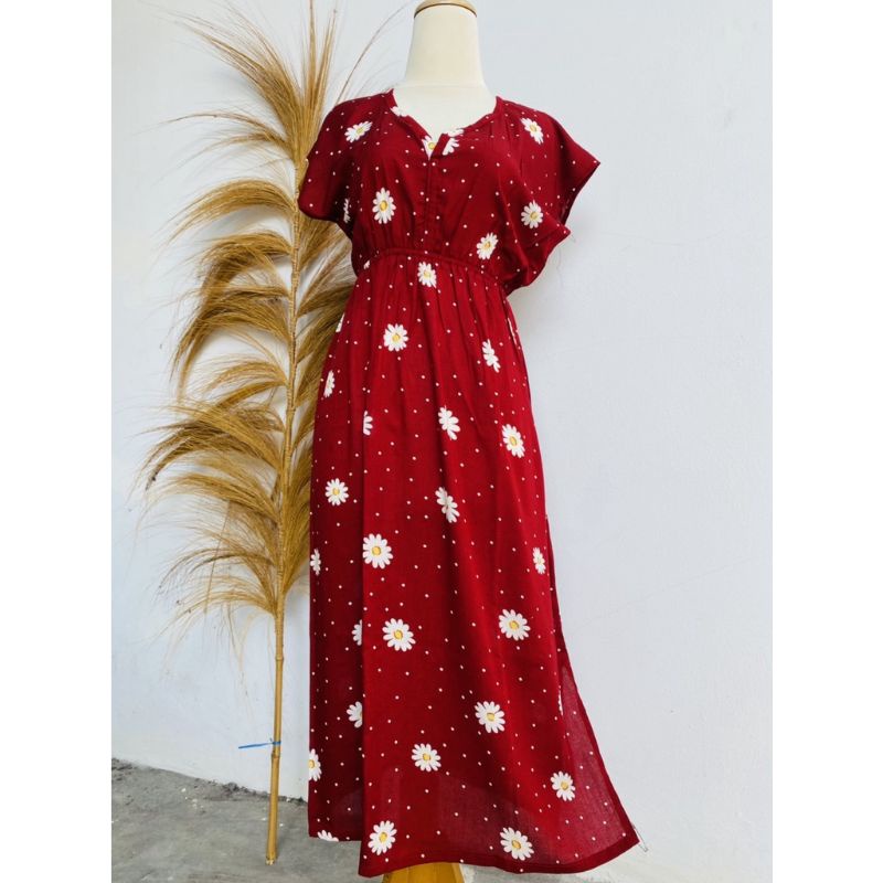 Daster Manohara Dress Manohara All Size Fit to XL Rayon Dress Bali Motif Tiedye Kopi Coffe Motif-Sun maroon