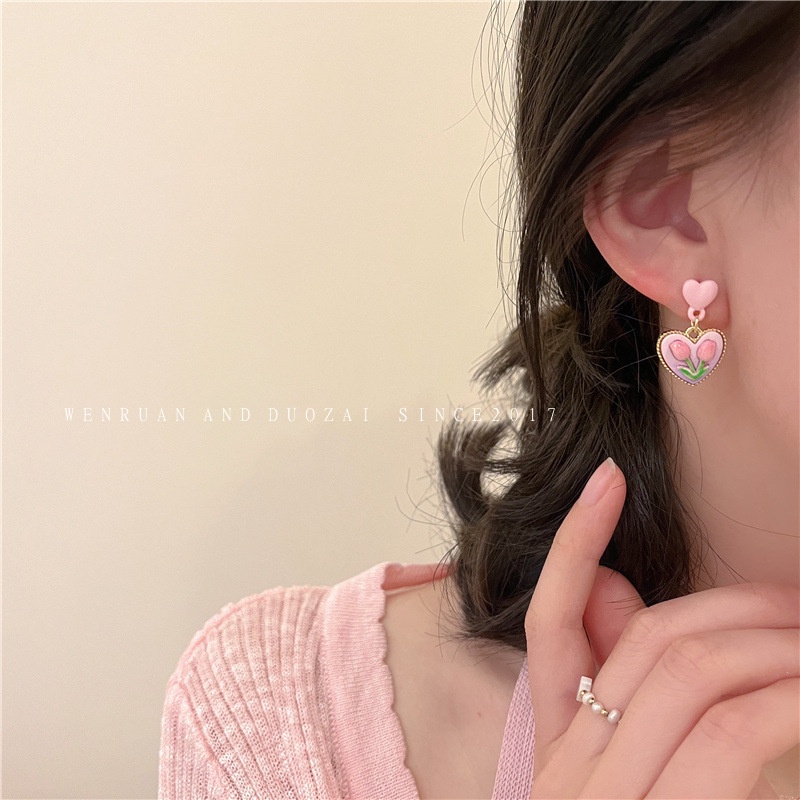 Anting Tusuk Motif Bunga tulip Warna Pink Untuk Wanita