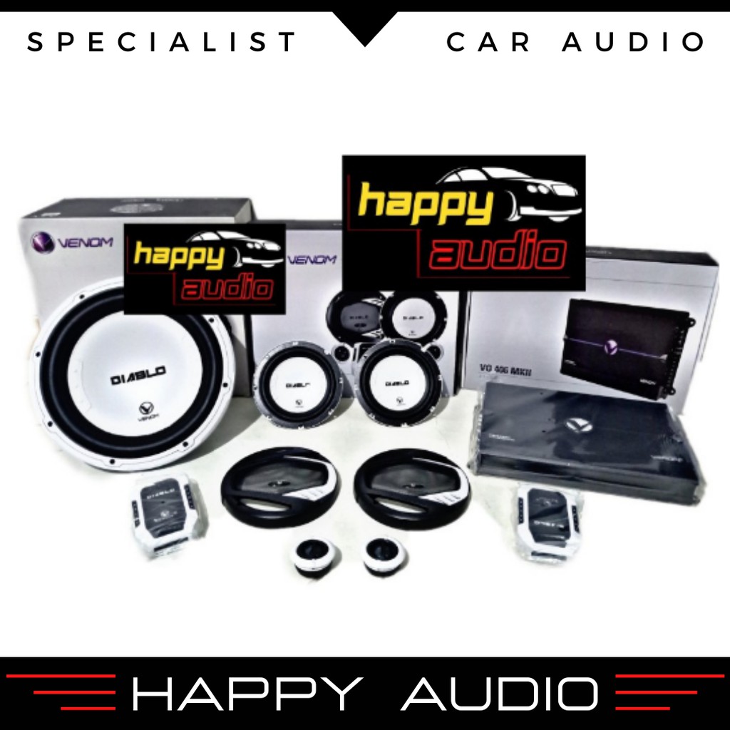 Paket Audio Mobil Venom Diablo Full Set Speaker Split Power 4 Channel Subwoofer 12 Inch Hitam