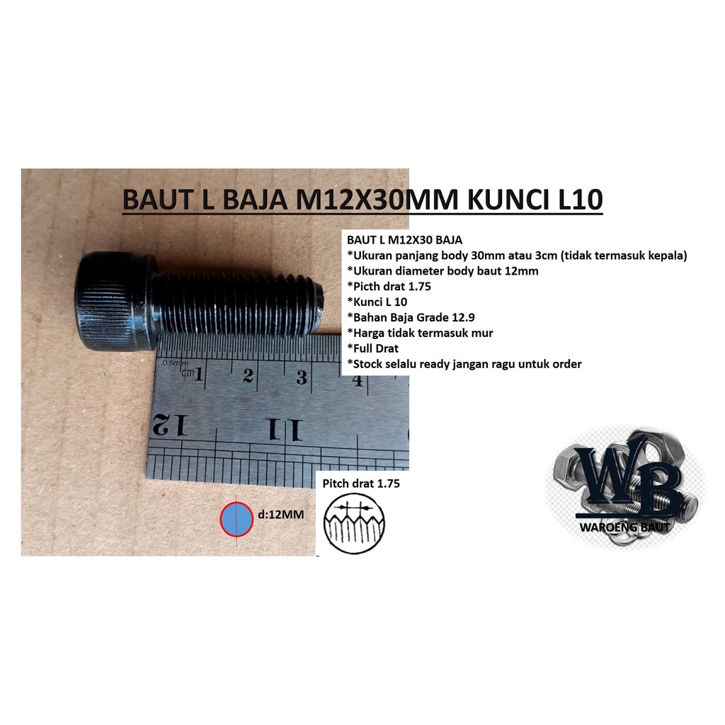 BAUT L BAJA M12X30MM - BAUT L BAJA M12 X 30 - BAUT L M12X30 BAJA HITAM - BAUT L BAJA PANJANG 3CM 3 C