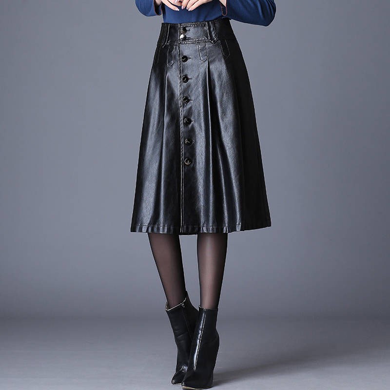 Rok Kulit Leather Plus Size Skirt Autumn and Winter New Korean Pleated High Waist Black Women Skirts