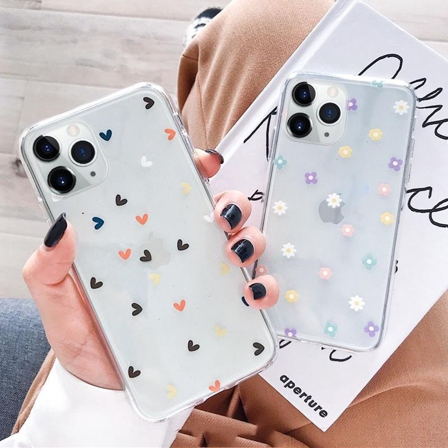 Soft Case Cover Belakang Transparan Motif Bunga Hati untuk iPhone 11 x XS Max XR 6 6S 7 8 Plus