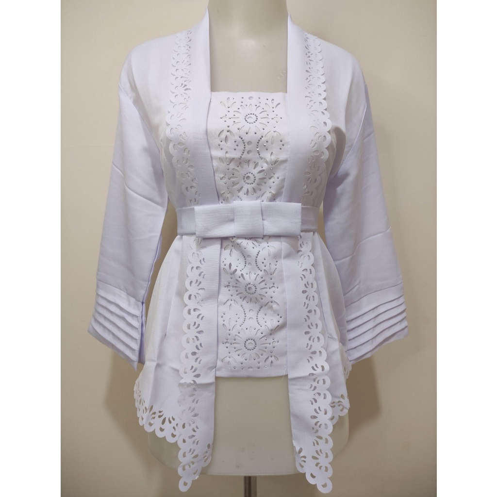 Atasan Kebaya Kutu Baru Modern Hitam|Cokelat|Maroon|Putih / Kebaya Moderen Kondangan Jumbo / Kebaya Akad Nikah Mewah / Kebaya Tunangan Kekinian / Kebaya Wisuda Modern / Kebaya Amora Vechia Theresia-Putih Cerah