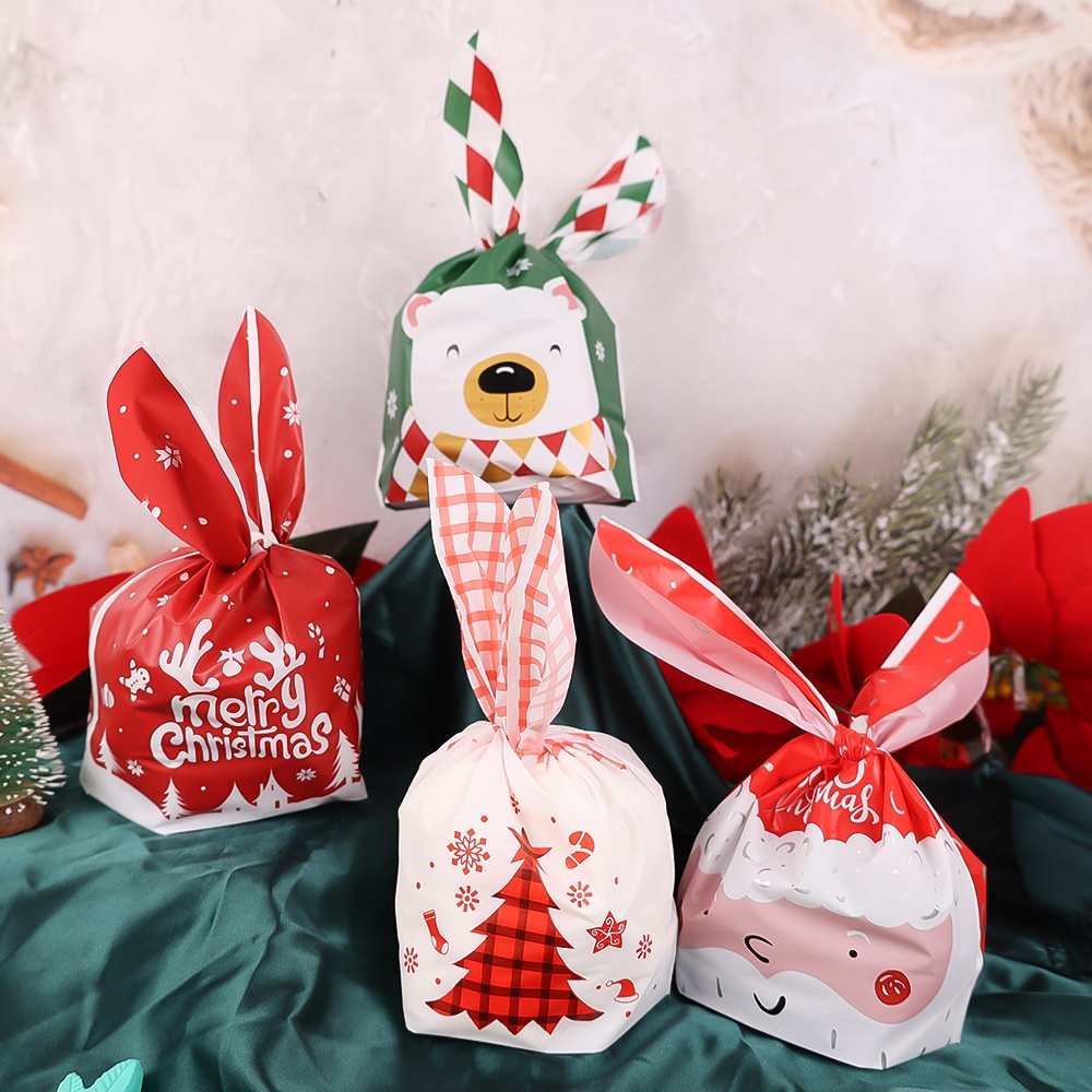 20 Pcs Tas Kemasan Permen Cookies Motif Print Telinga Kelinci Santa Claus Snowman Untuk Natal