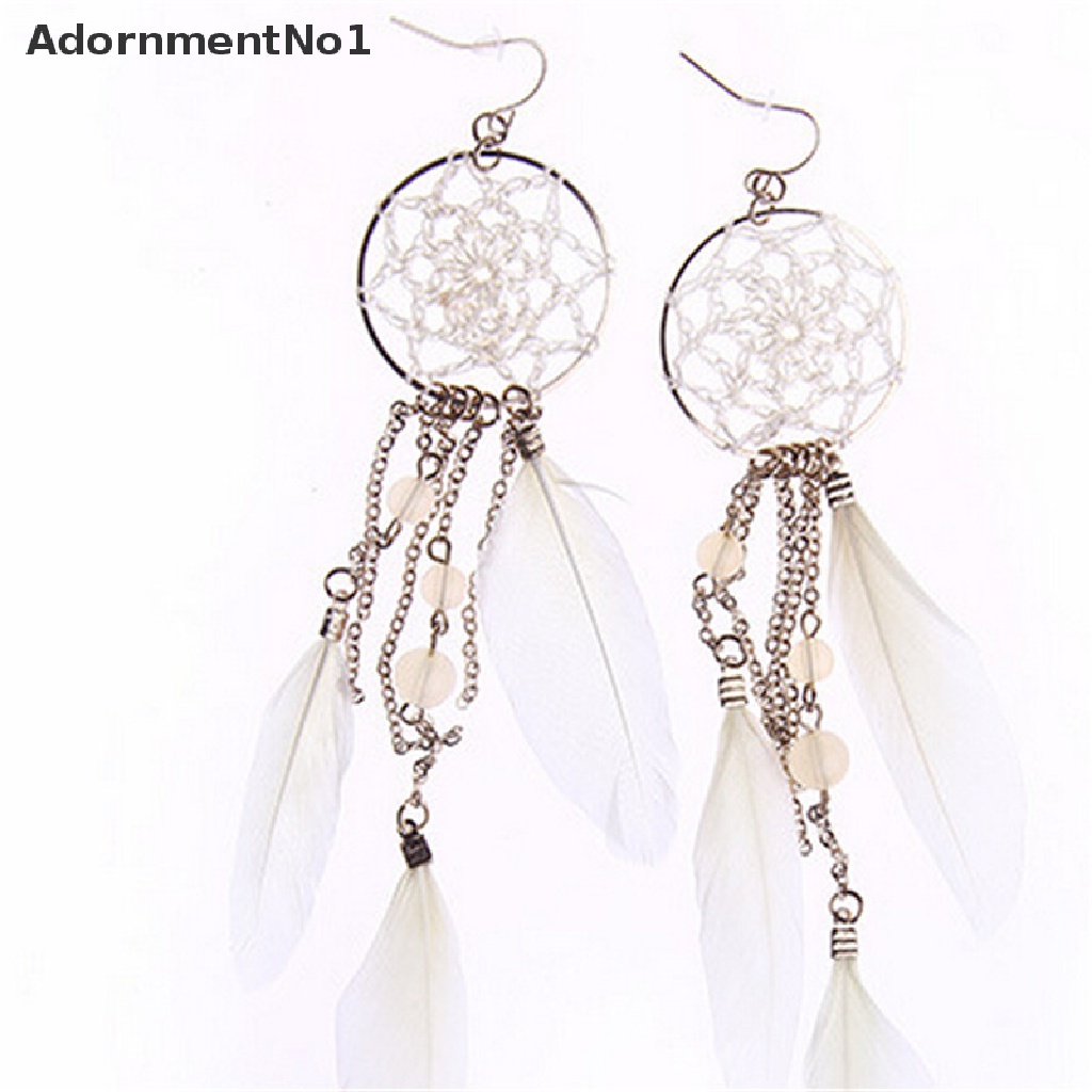 (AdornmentNo1) Anting Gantung Panjang Kait Gaya Etnik Bohemia Motif Dream Catcher Aksen Bulu + Manik-Manik Untuk Wanita