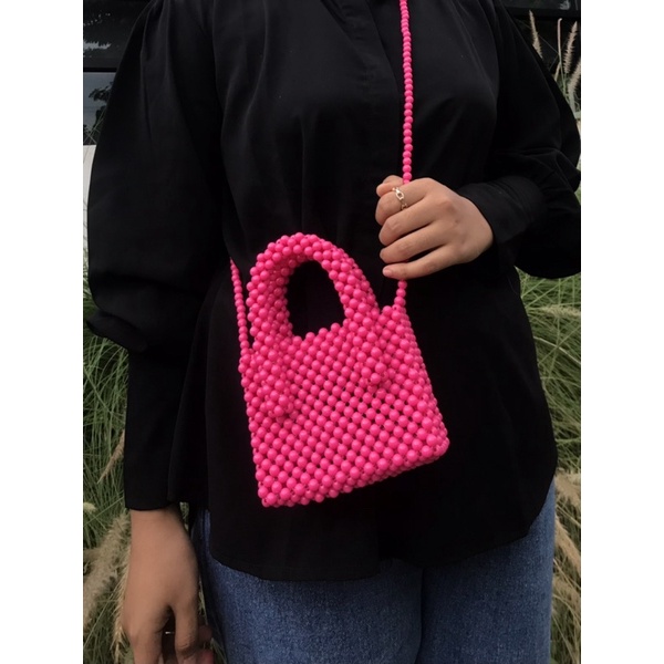 (READY PINK FANTA) Handle bag / Beads bag / Beaded bag / Pearl bag / Tas manik-manik