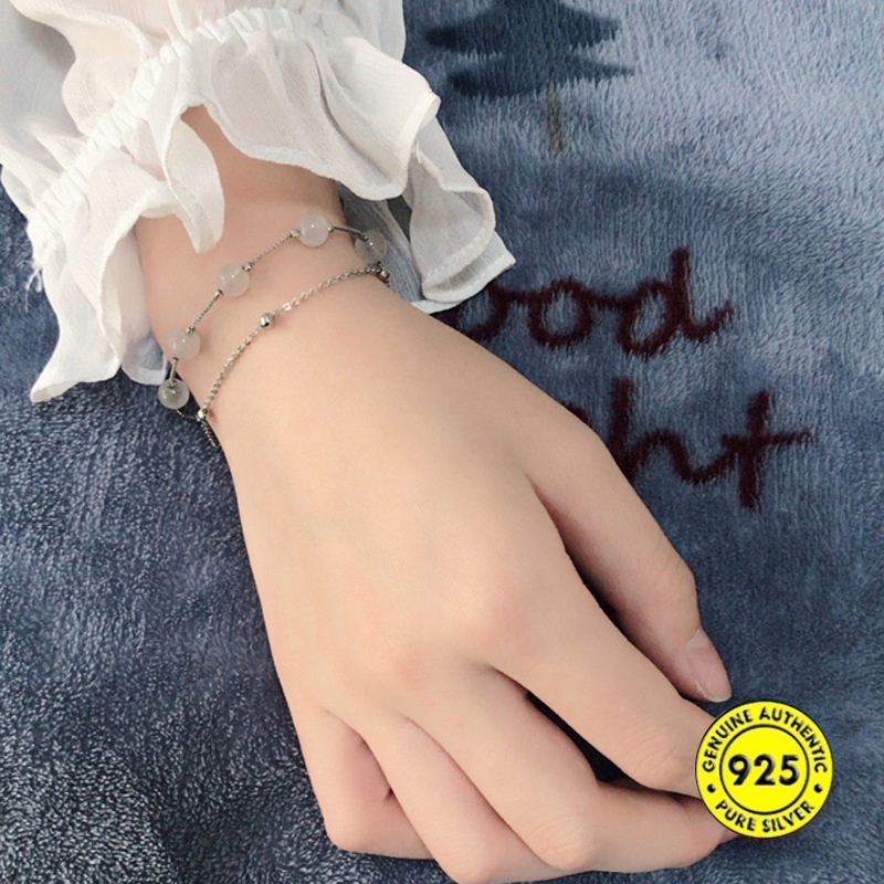 Gelang Lapis Ganda Bahan S925 Silver Aksen Batu Kristal Warna Pink Strawberry Untuk Wanita